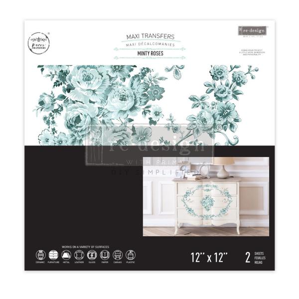Re-Design with Prima - Transfer Aufkleber 12x12 Inch "Minty Roses" Decor Transfer 2 Bogen 
