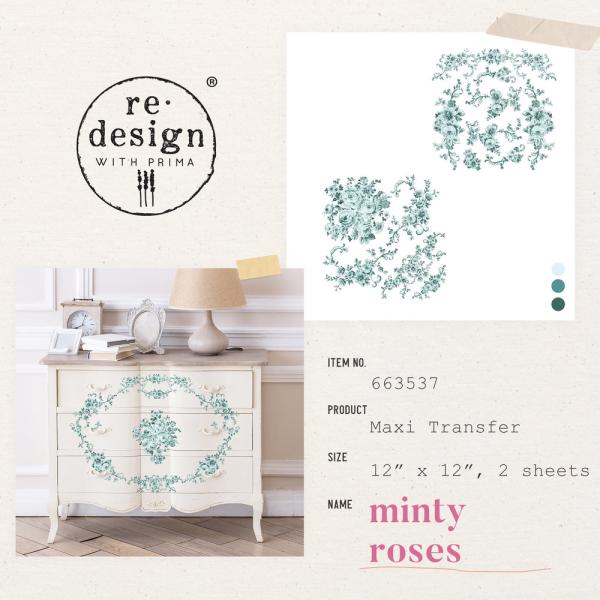 Re-Design with Prima - Transfer Aufkleber 12x12 Inch "Minty Roses" Decor Transfer 2 Bogen 