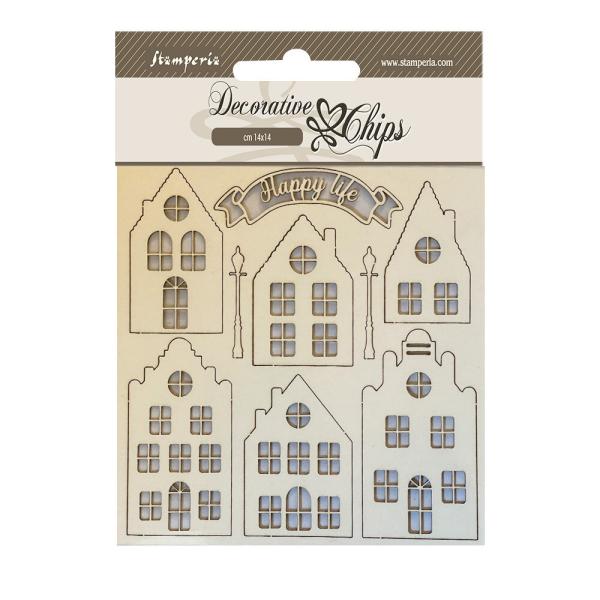 Stamperia - Holzteile 14x14 cm "Cozy Houses" Decorative Chips