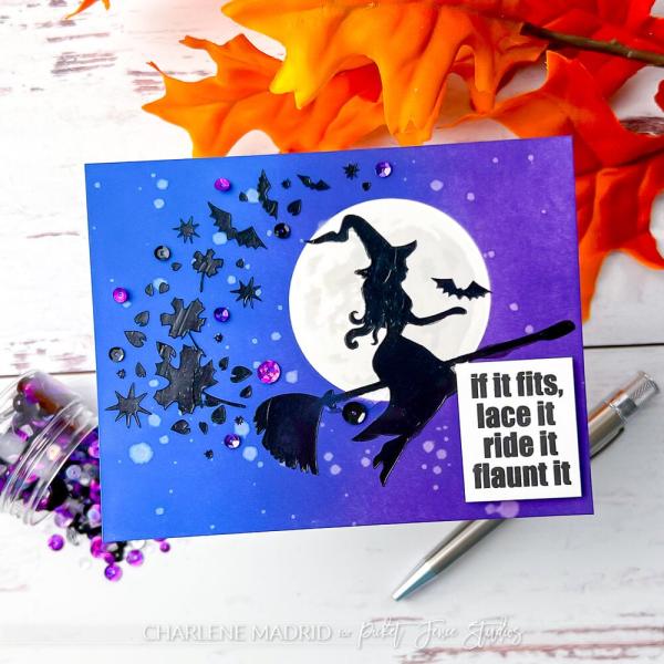 Picket Fence Studios - Schablone "Flying Witch" Stencil 6x6 Inch