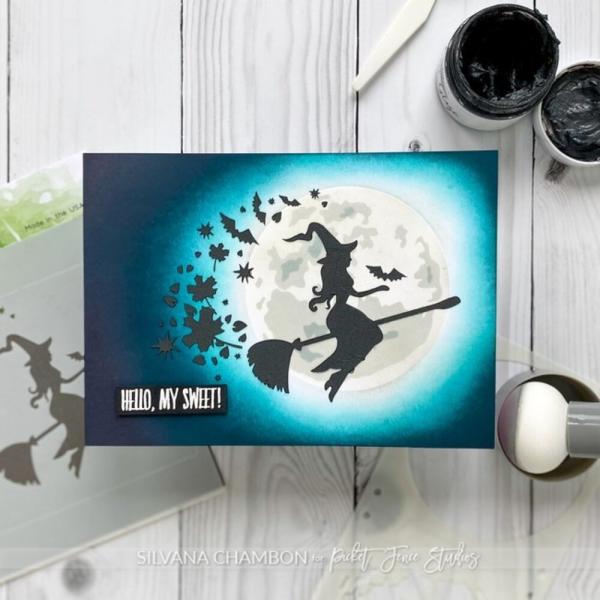 Picket Fence Studios - Schablone "Flying Witch" Stencil 6x6 Inch