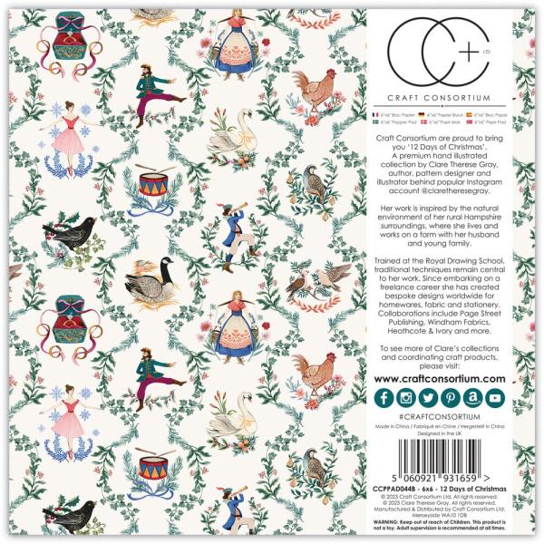 Craft Consortium - Designpapier "12 Days of Christmas" Paper Pad 6x6 Inch - 40 Bogen