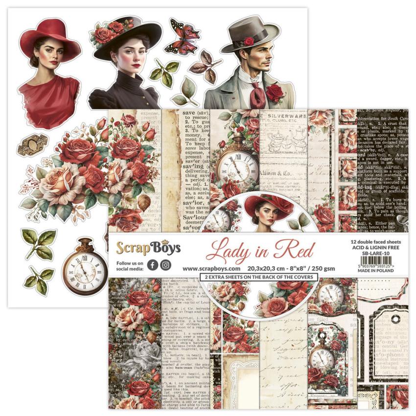 ScrapBoys - Designpapier "Lady in Red" Paper Pack 8x8 Inch - 12 Bogen