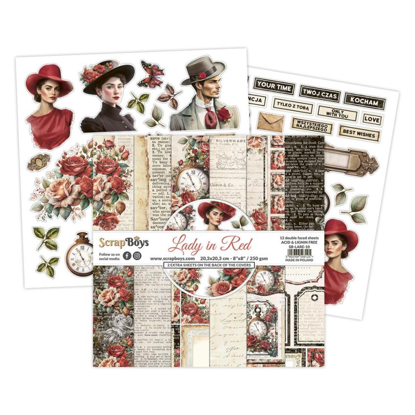 ScrapBoys - Designpapier "Lady in Red" Paper Pack 8x8 Inch - 12 Bogen