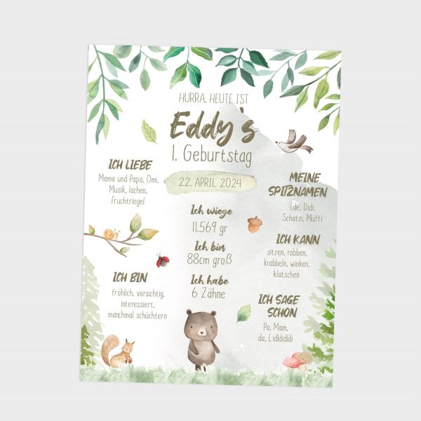 Geburtstagsposter "Waldtiere" | Geschenk 1. Geburtstag | Meilensteintafel | Einschulung | Personalisiertes Geschenk