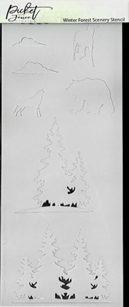 Picket Fence Studios - Schablone "Winter Forest Scenery" Slim Line Stencil 4x10 Inch
