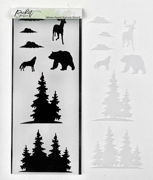 Picket Fence Studios - Schablone "Winter Forest Scenery" Slim Line Stencil 4x10 Inch