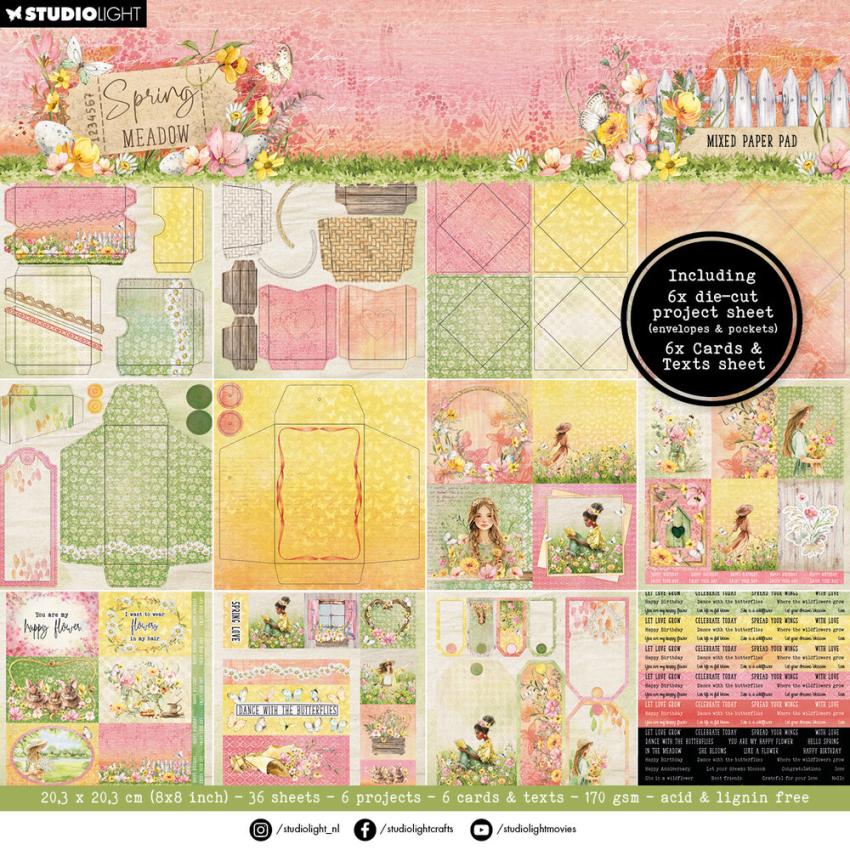 Studio Light - Designpapier "Spring Meadow" Mixed Paper Pad 20,3x20,3 cm - 36 Bogen