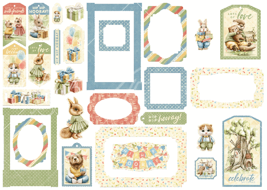 Graphic 45 - Stanzteile "Hip Hip Hooray" Chipboard Tags & Frames