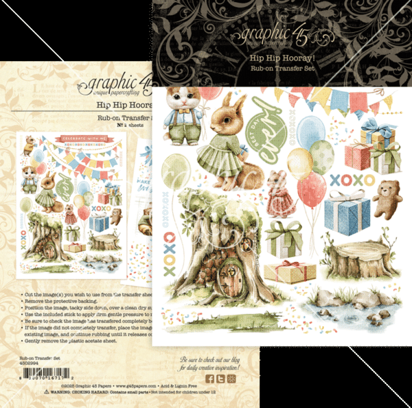 Graphic 45 - Transfer Aufkleber "Hip Hip Hooray" Rub-On