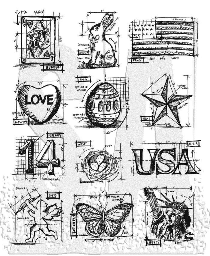 Stampers Anonymous - Gummistempelset "Mini Blueprints #2" Cling Stamp Design by Tim Holtz