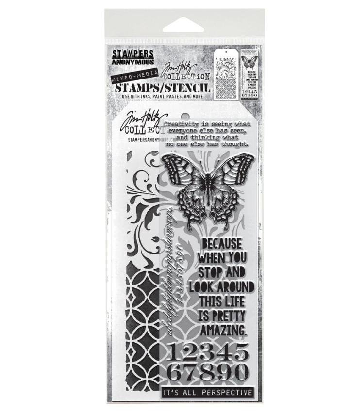 Stampers Anonymous - Stempelset & Schablone "Mixed Media #15" Clear Stamp & Stencil Design by Tim Holtz