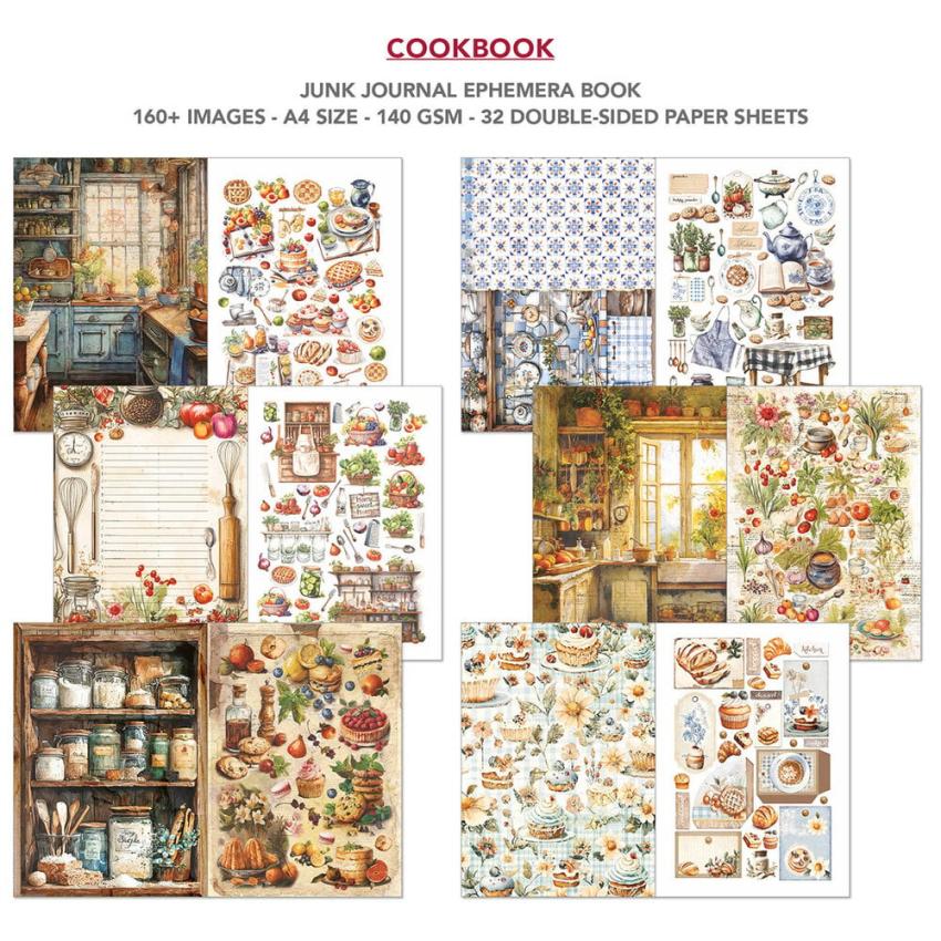 Ciao Bella - Designpapier & Stanzteile "Cookbook" Junk Journal Ephemera Book A4 - 32 Bogen