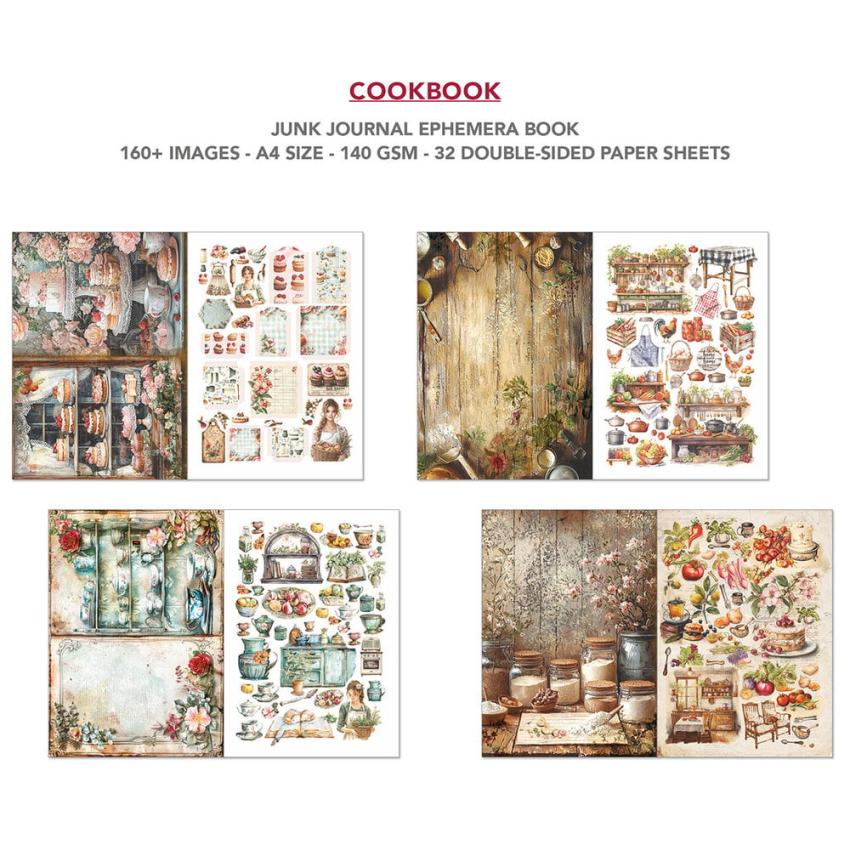 Ciao Bella - Designpapier & Stanzteile "Cookbook" Junk Journal Ephemera Book A4 - 32 Bogen