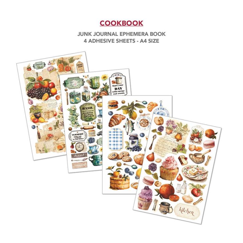 Ciao Bella - Designpapier & Stanzteile "Cookbook" Junk Journal Ephemera Book A4 - 32 Bogen