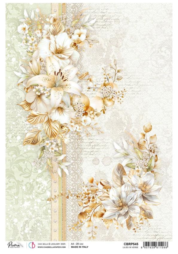 Ciao Bella - Decopatch Papier "Lilies in Verse" Rice Paper A4 - 5 Bogen