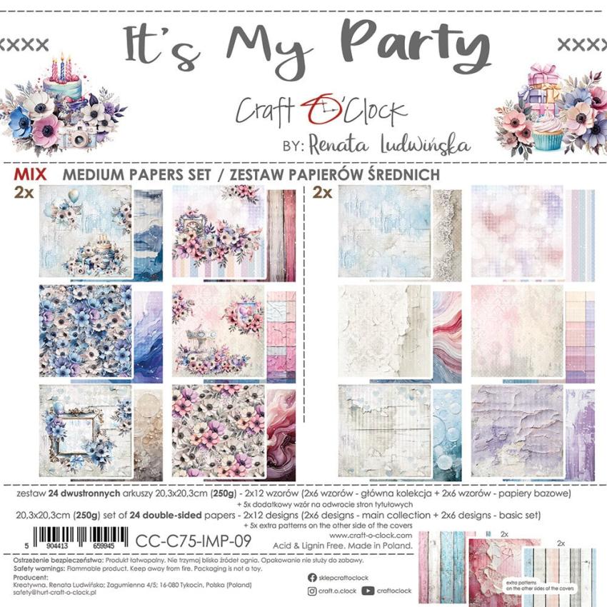 Craft OClock - Designpapier "It's My Party" Medium Paper Pack 8x8 Inch - 24 Bogen
