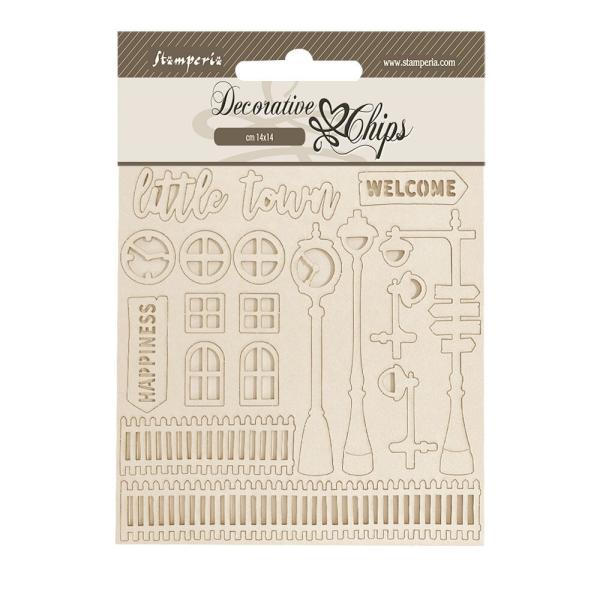 Stamperia - Holzteile 14x14 cm "Little Town" Decorative Chips