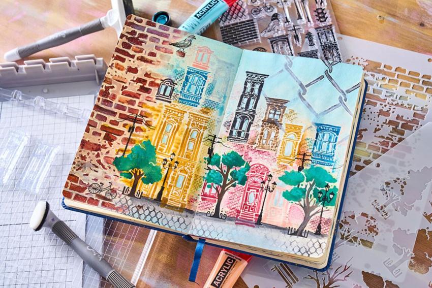 Sizzix - Schablone & Stempelset "City Life" Stencil &  Clear Stamps by Vic Hollins