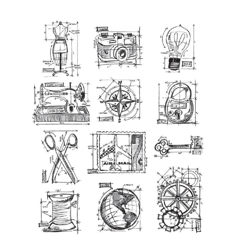 Stampers Anonymous - Gummistempelset "Mini Blueprints 3" Cling Stamp Design by Tim Holtz