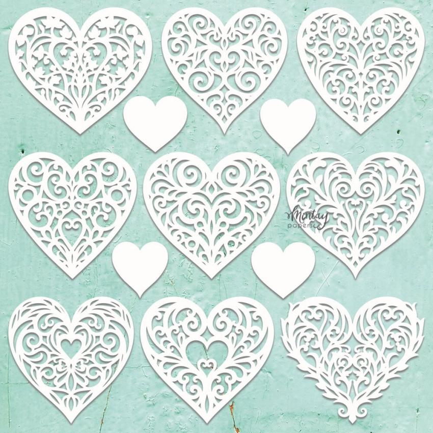 Mintay Papers - Stanzteile "Hearts Filigree" Chipboard - Chippies Decor 12x12 Inch