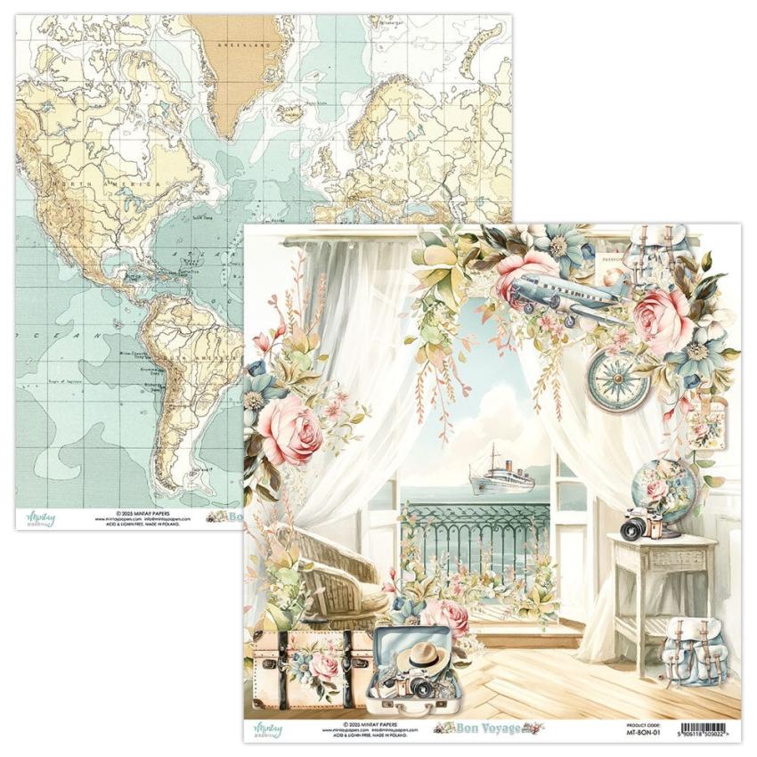 Mintay Papers - Designpapier "Bon Voyage" Scrapbooking Paper Pad 12x12 Inch - 12 Bogen