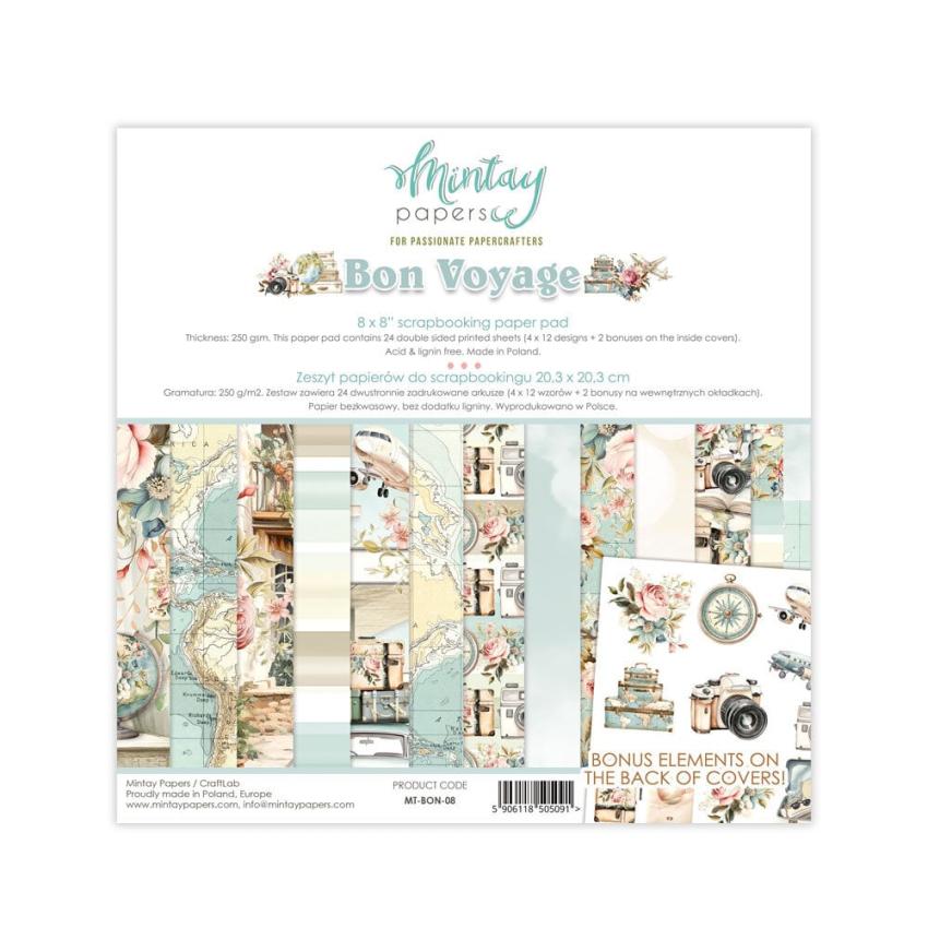 Mintay Papers - Designpapier "Bon Voyage" Scrapbooking Paper Pad 8x8 Inch - 24 Bogen