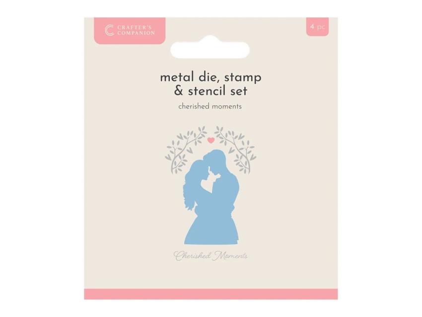 Crafters Companion - Stempelset, Stanzschablone & Schablone "Cherished Moments" Stamp, Dies & Stencil