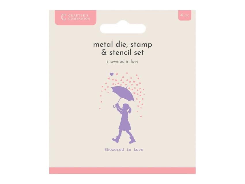 Crafters Companion - Stempelset, Stanzschablone & Schablone "Showered In Love" Stamp, Dies & Stencil