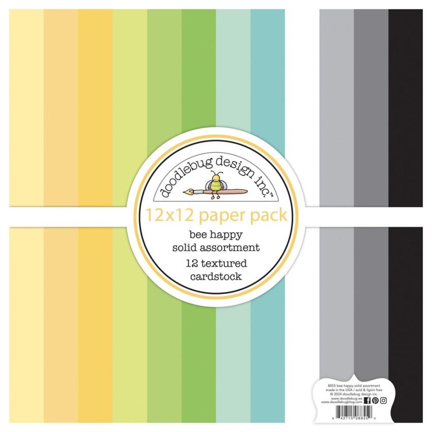 Doodlebug Design - Textured Cardstock "Bee Happy" Solid Paper Pack 12x12 Inch - 12 Bogen