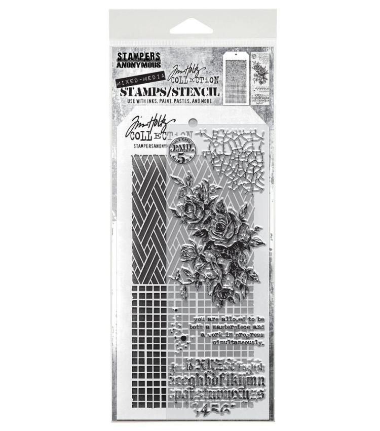 Stampers Anonymous - Stempelset & Schablone "Mixed Media #19" Clear Stamp & Stencil Design by Tim Holtz