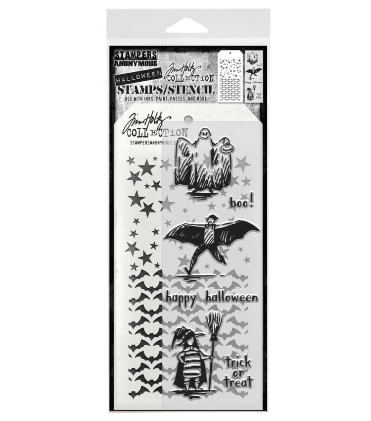 Stampers Anonymous - Stempelset & Schablone "Trick Or Treat" Clear Stamp & Stencil Design by Tim Holtz