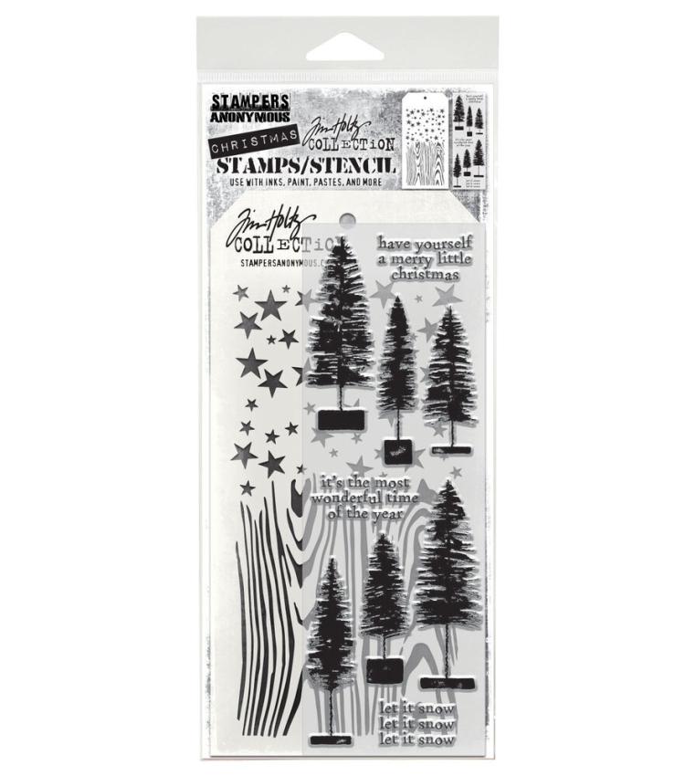 Stampers Anonymous - Stempelset & Schablone "Bottlebrush Trees" Clear Stamp & Stencil Design by Tim Holtz