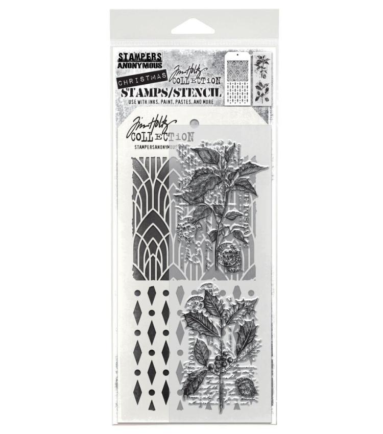 Stampers Anonymous - Stempelset & Schablone "Festive Collage" Clear Stamp & Stencil Design by Tim Holtz