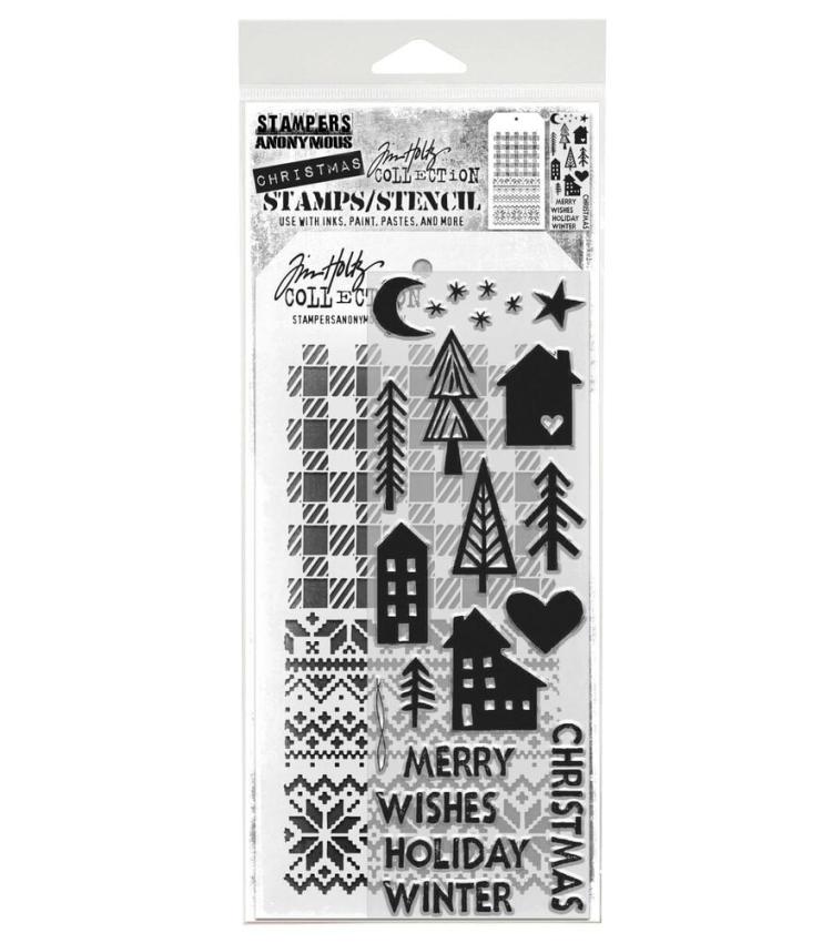 Stampers Anonymous - Stempelset & Schablone "Festive Print" Clear Stamp & Stencil Design by Tim Holtz