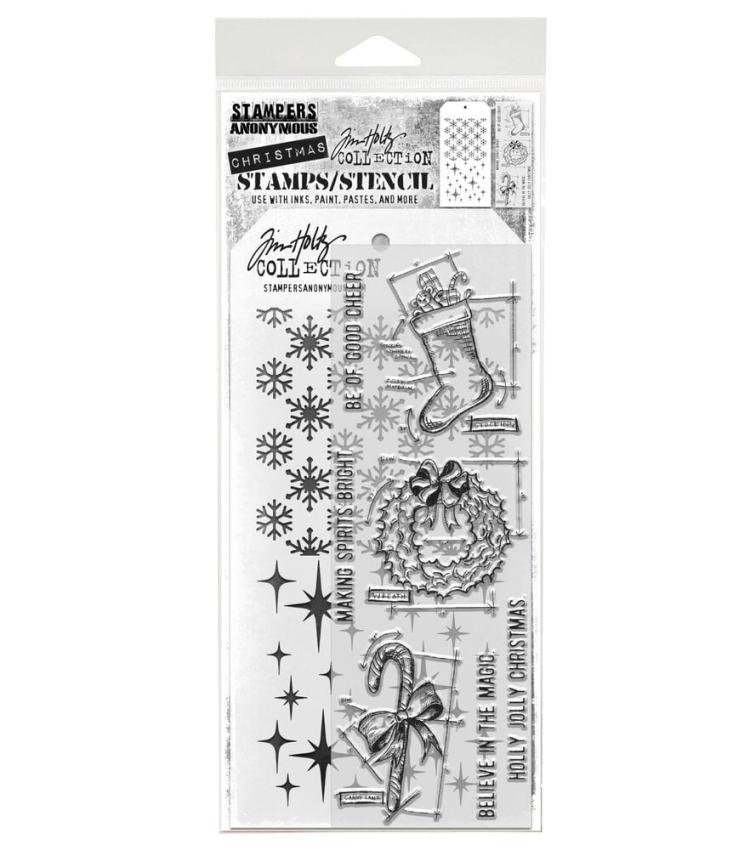 Stampers Anonymous - Stempelset & Schablone "Blueprint Christmas #1" Clear Stamp & Stencil Design by Tim Holtz
