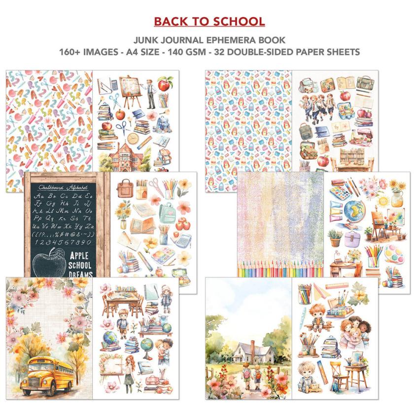 Ciao Bella - Designpapier & Stanzteile "Back to School" Junk Journal Ephemera Book A4 - 32 Bogen