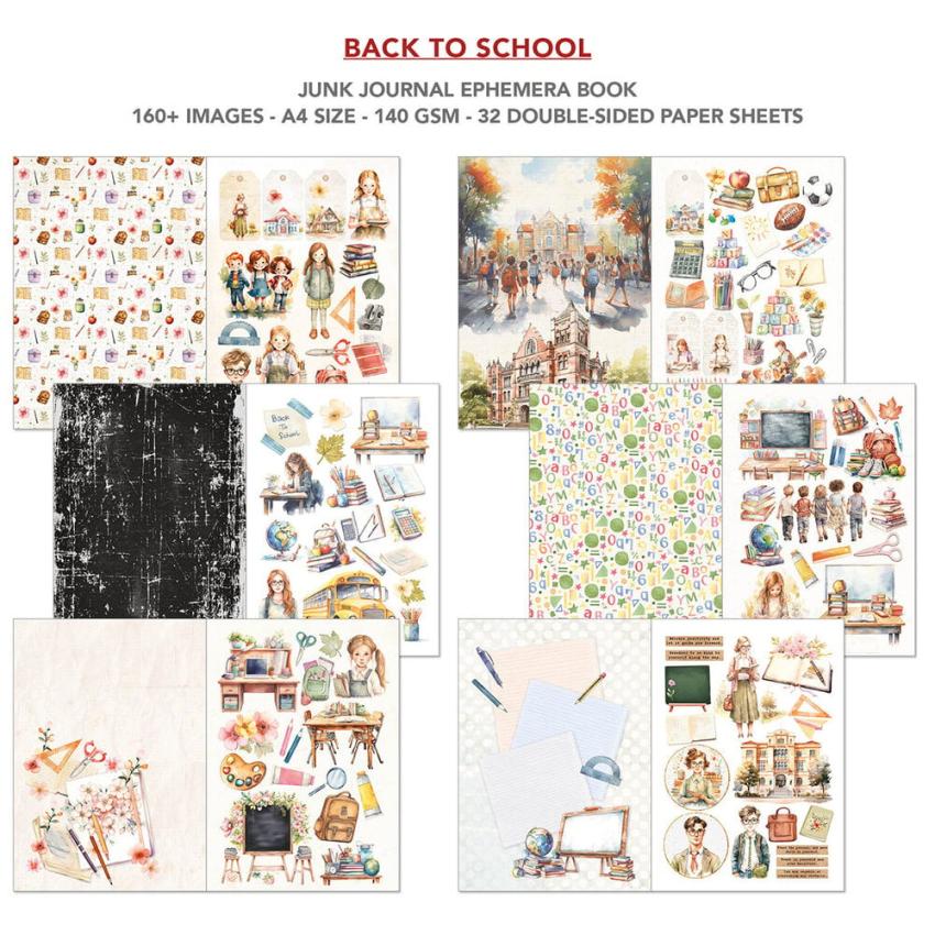 Ciao Bella - Designpapier & Stanzteile "Back to School" Junk Journal Ephemera Book A4 - 32 Bogen