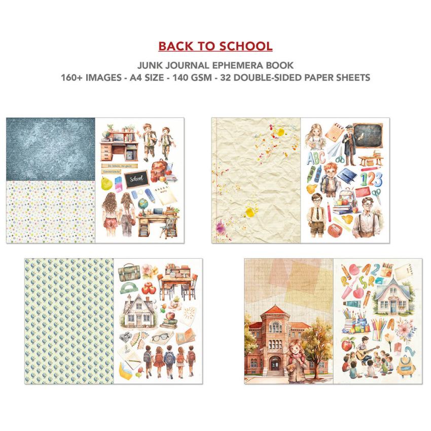 Ciao Bella - Designpapier & Stanzteile "Back to School" Junk Journal Ephemera Book A4 - 32 Bogen