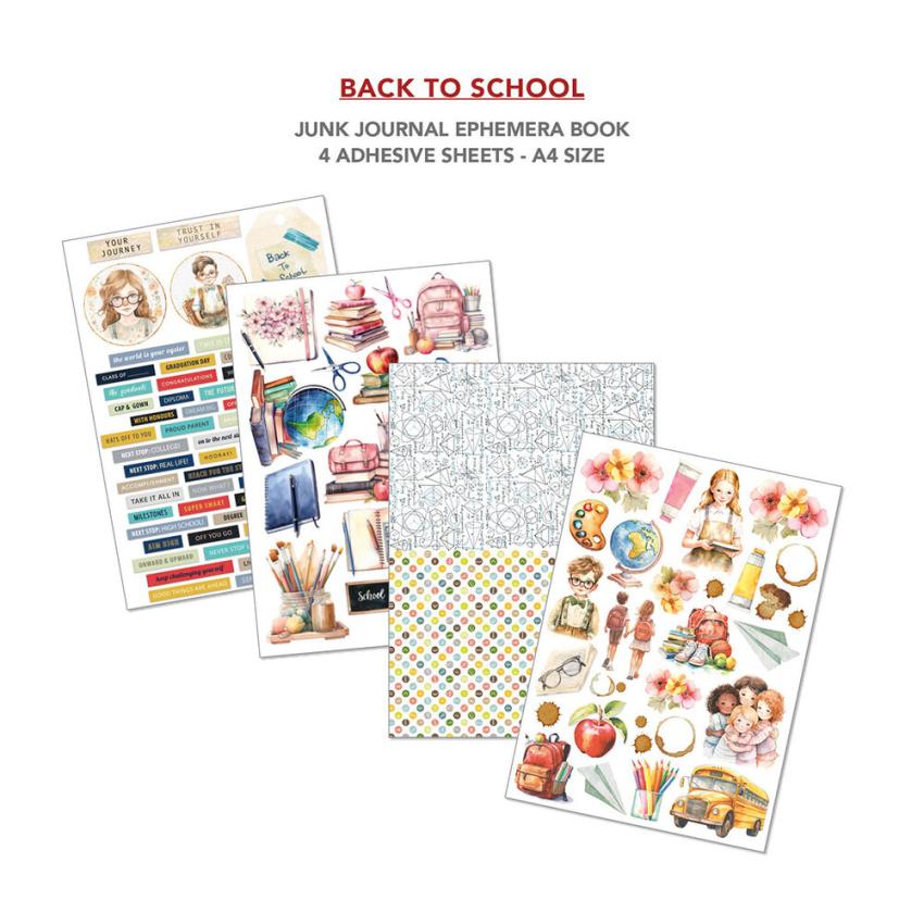 Ciao Bella - Designpapier & Stanzteile "Back to School" Junk Journal Ephemera Book A4 - 32 Bogen
