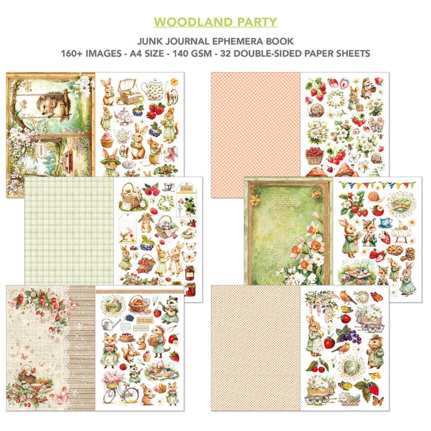 Ciao Bella - Designpapier & Stanzteile "Woodland Party" Junk Journal Ephemera Book A4 - 32 Bogen