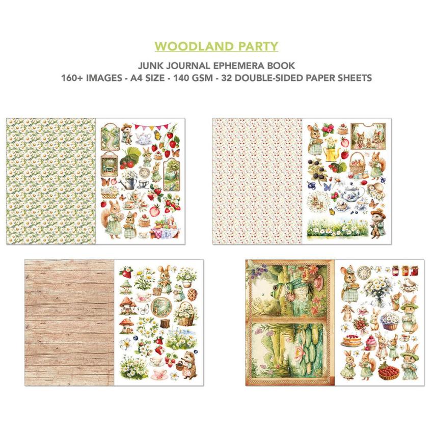 Ciao Bella - Designpapier & Stanzteile "Woodland Party" Junk Journal Ephemera Book A4 - 32 Bogen