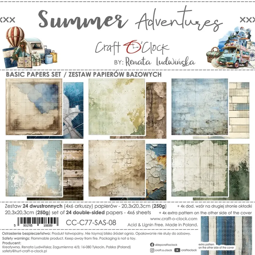 Craft OClock - Designpapier "Summer Adventures" Basic Paper Pack 8x8 Inch - 24 Bogen