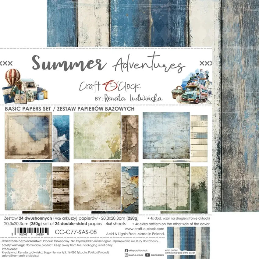 Craft OClock - Designpapier "Summer Adventures" Basic Paper Pack 8x8 Inch - 24 Bogen