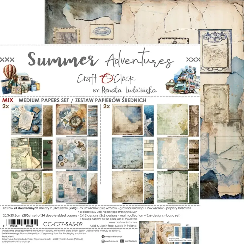 Craft OClock - Designpapier "Summer Adventures" Medium Paper Pack 8x8 Inch - 24 Bogen