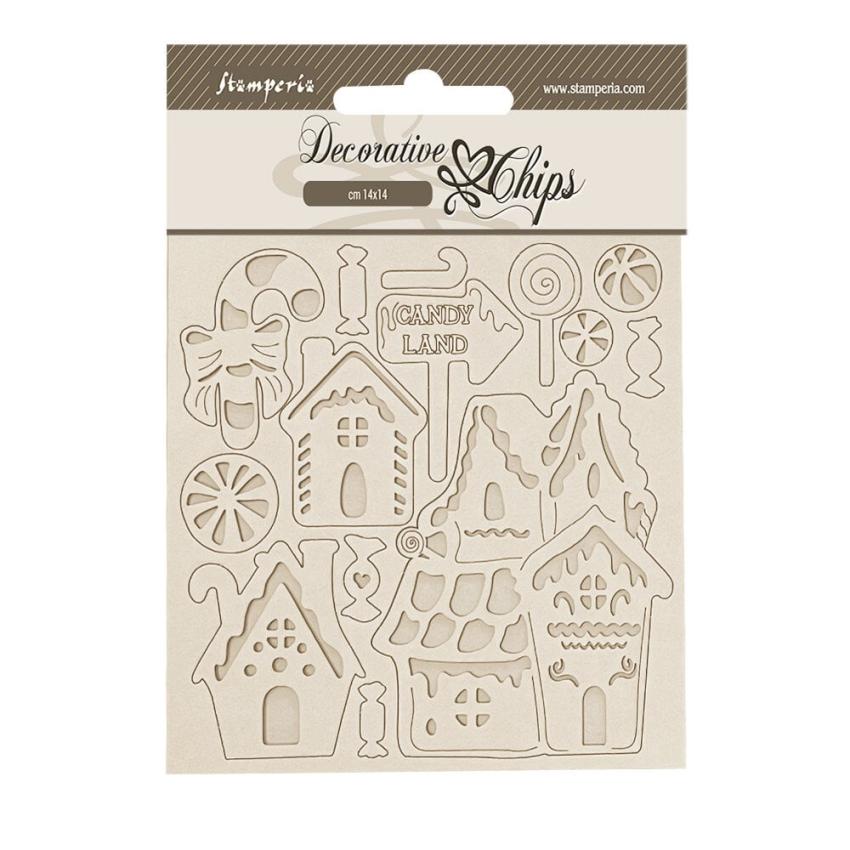 Stamperia - Holzteile 14x14 cm "Marzipan Houses" Decorative Chips