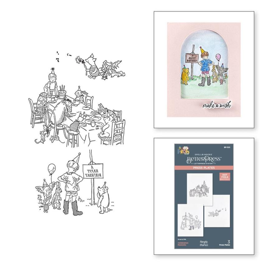 Spellbinders - Buchdrucktechnik "Say Cheese Classic Pooh Birthday Bundle" BetterPress Plate & Dies