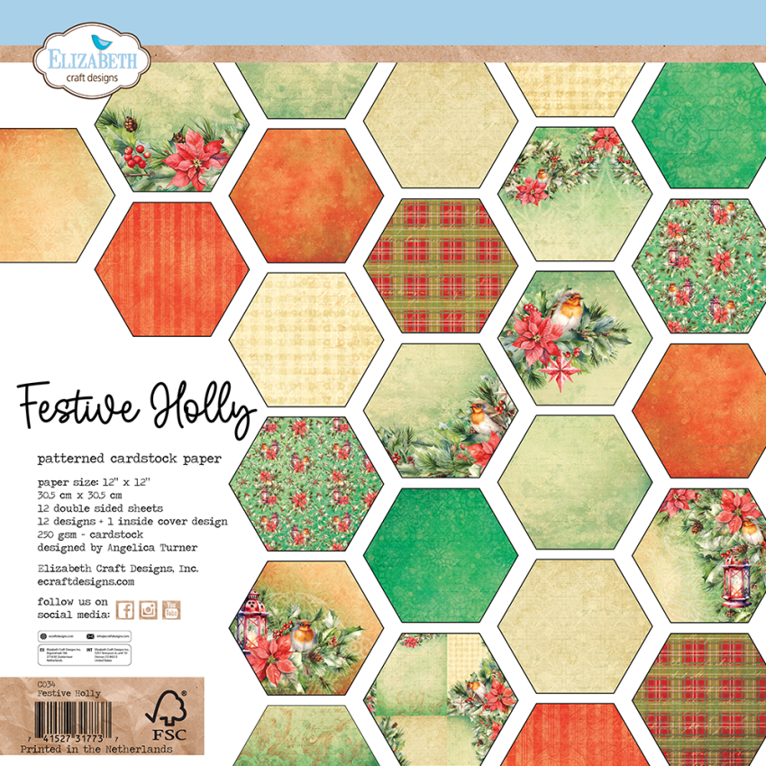 Elizabeth Craft Designs - Designpapier "Festive Holly" Paper Pack 12x12 Inch - 12 Bogen