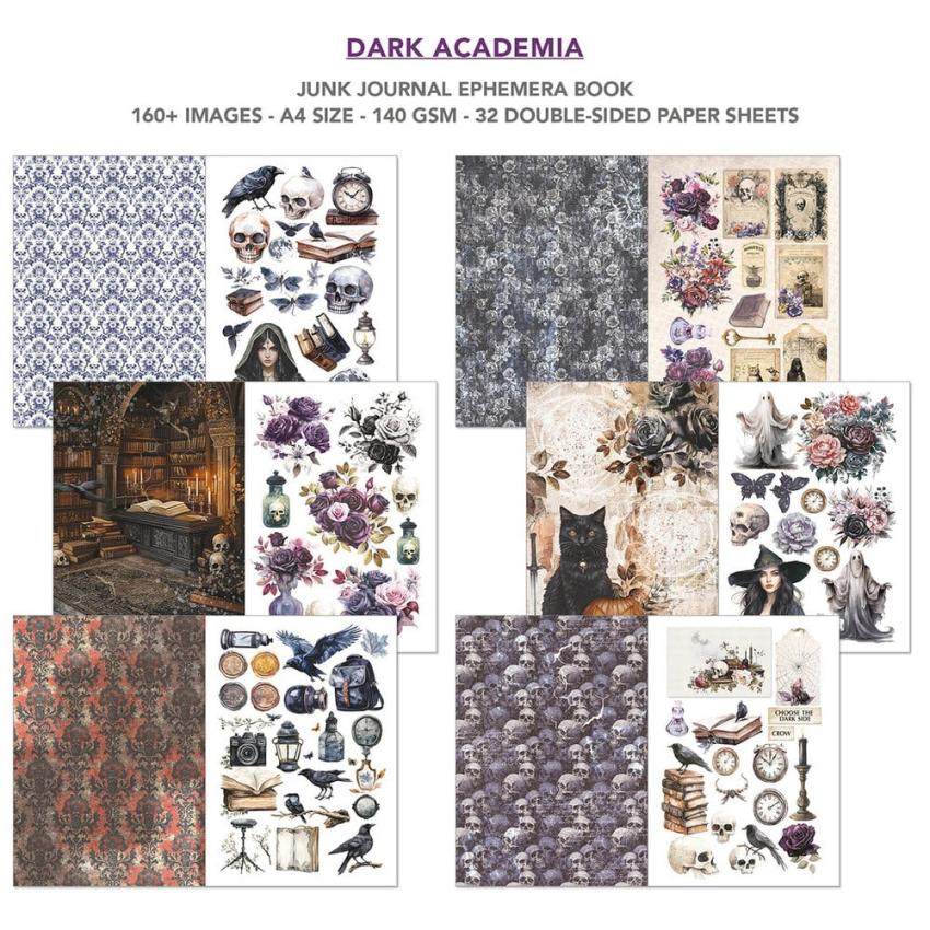 Ciao Bella - Designpapier & Stanzteile "Dark Academia" Junk Journal Ephemera Book A4 - 32 Bogen