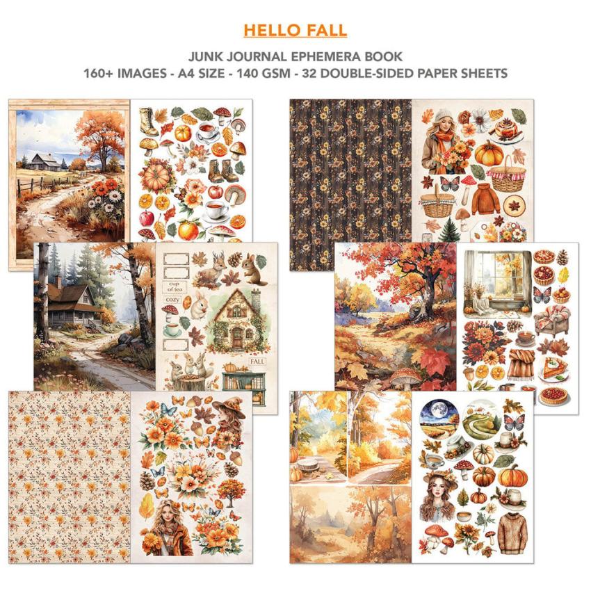 Ciao Bella - Designpapier & Stanzteile "Hello Fall" Junk Journal Ephemera Book A4 - 32 Bogen
